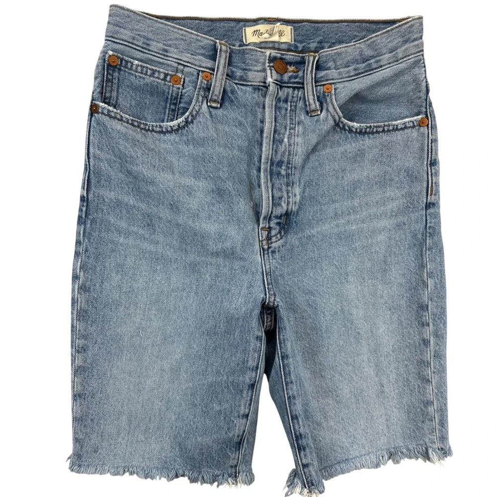 Madewell Denim‎ Shorts Womens 24 Blue High Rise Long Button Fly Raw Hem Cutoffs